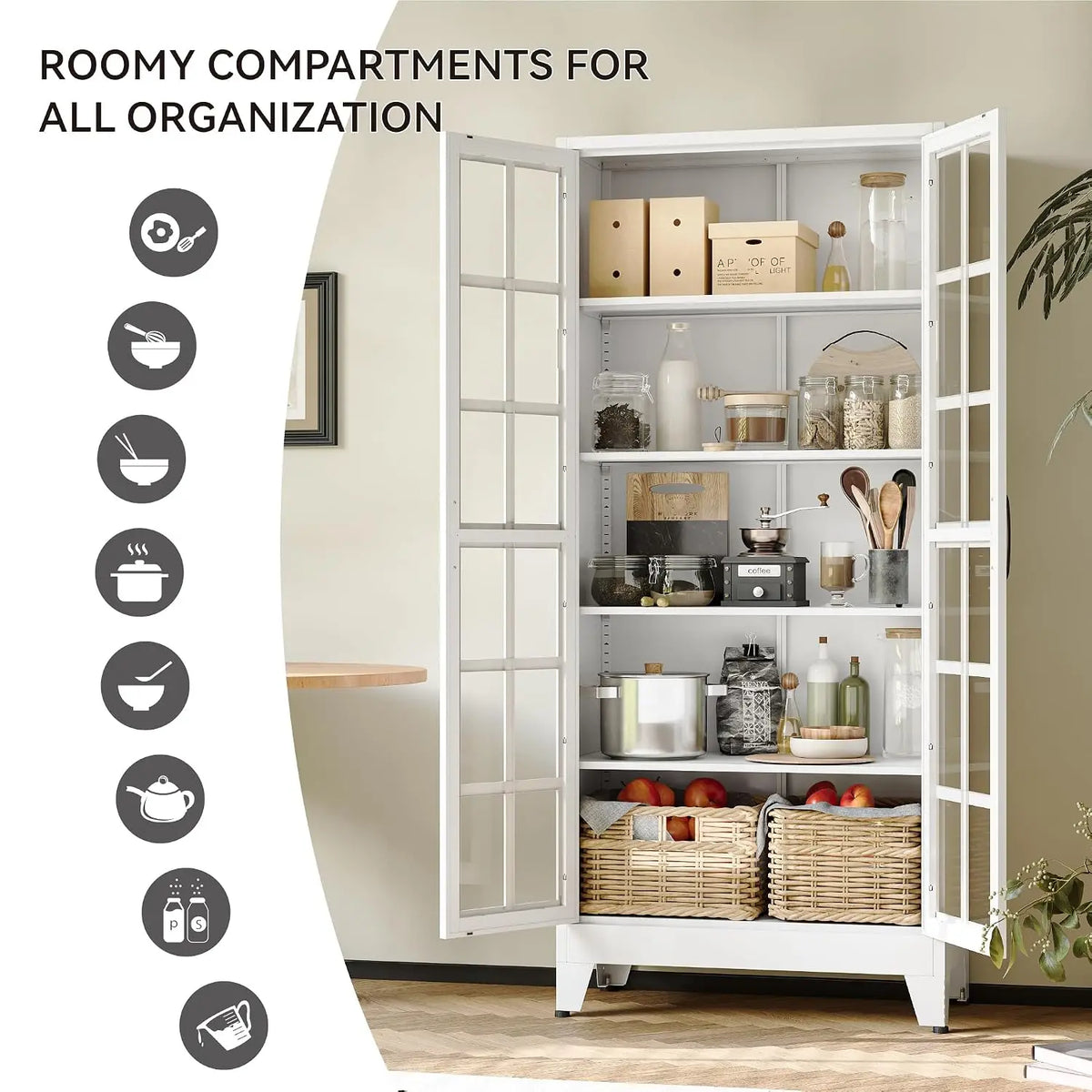 71" White Glass Door Display Cabinet for Kitchen and Dining Room, Customized