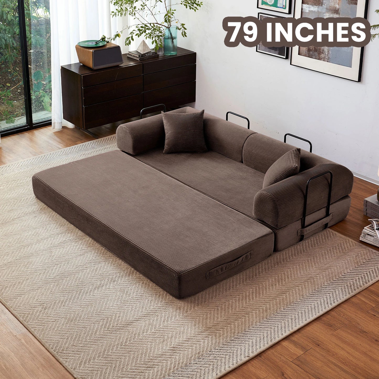 Foldable Convertible Futon Sofa Bed with Armrests for Living Room