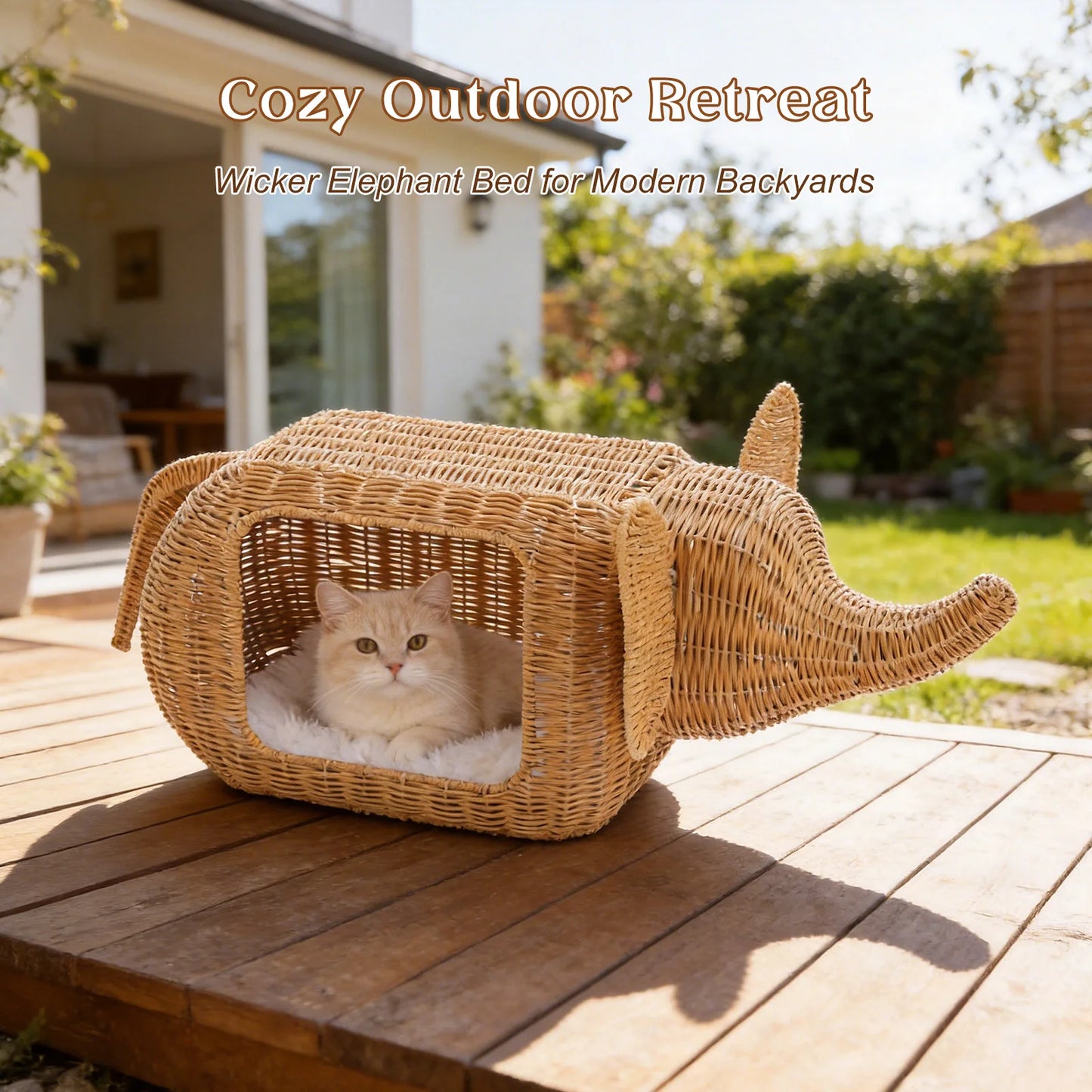 Handmade Elephant Rattan Cat Condo Bed – Plush Cushioned Wicker Hideaway, Heavy-Duty Indoor Shelter for Large Cats & Small Kittens