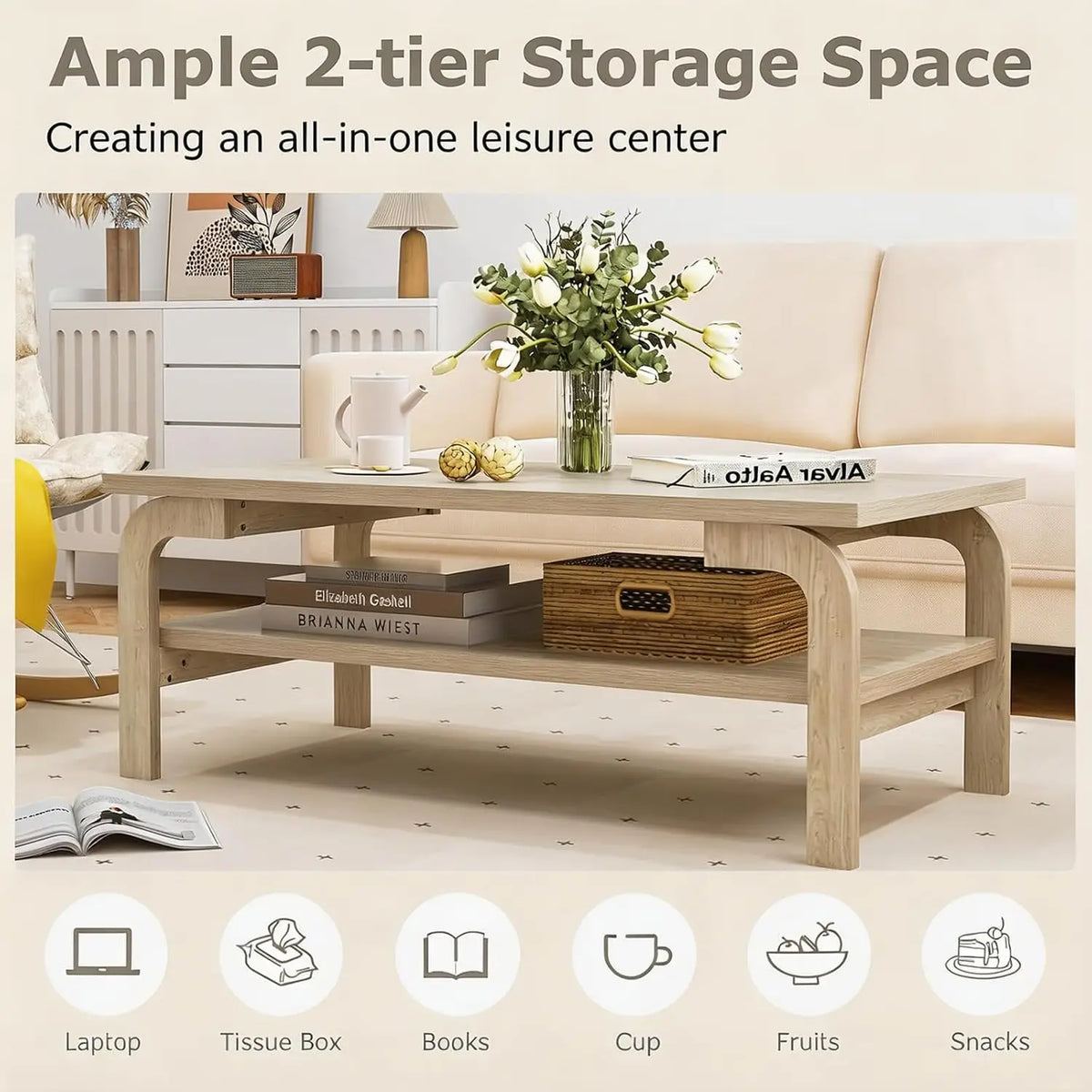 Rectangular Wooden Coffee Table 2-Tier Storage Shelf Mid-Century Vintage Living Room Apartment Natural, Customized