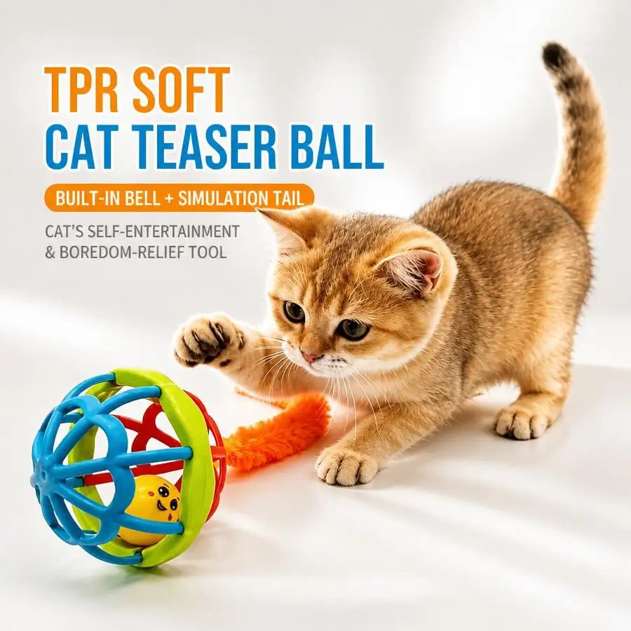 Pet Cat TPR Soft Rubber Teaser Toy Ball With Built-In Bell And Plush Tail, Durable Chew-Resistant Interactive Rolling Ball For