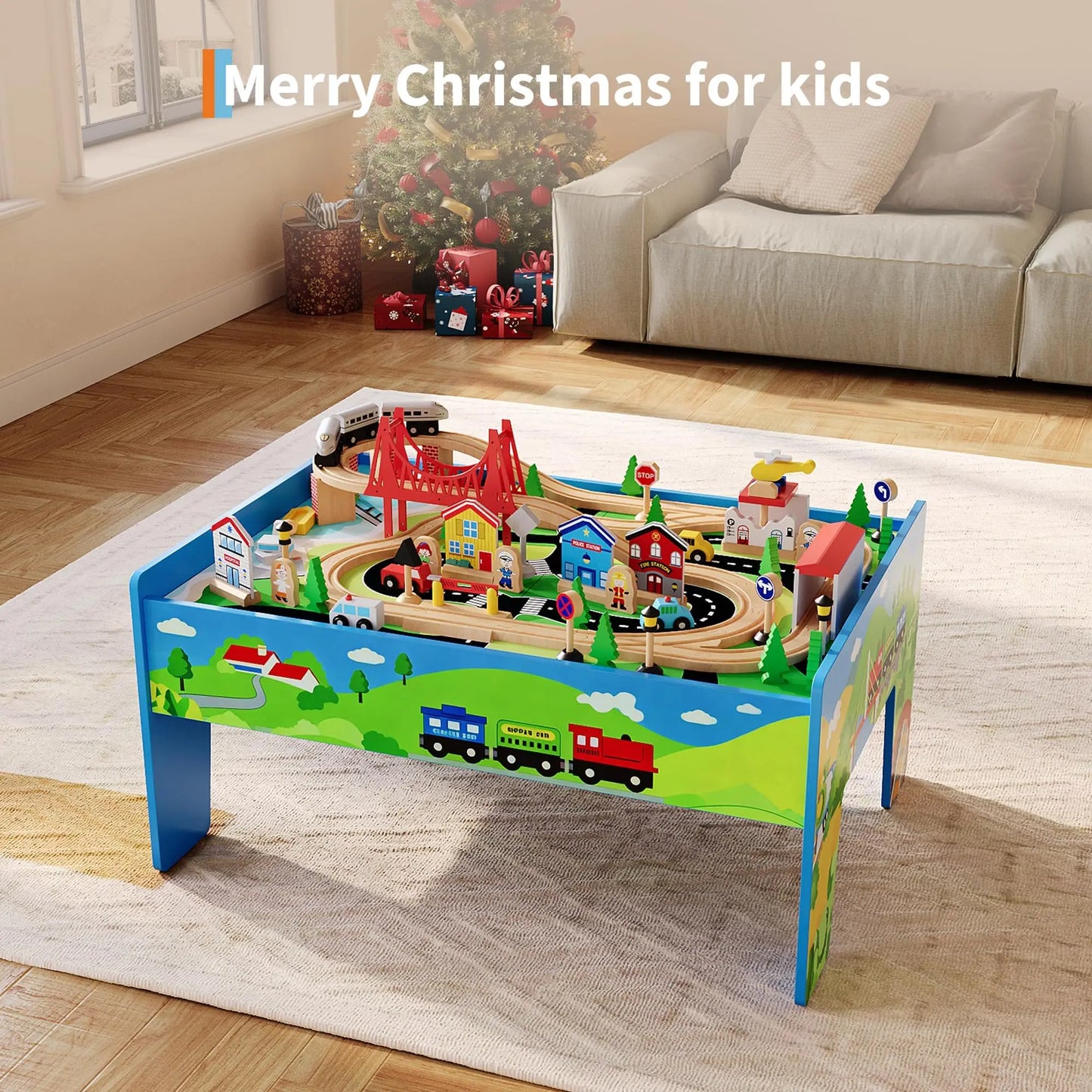 78PCS 4-in-1 Wooden Train Table Set For Kids, Reversible Activity Desk Art Easel Building Block Table With Tracks & Storage Bin