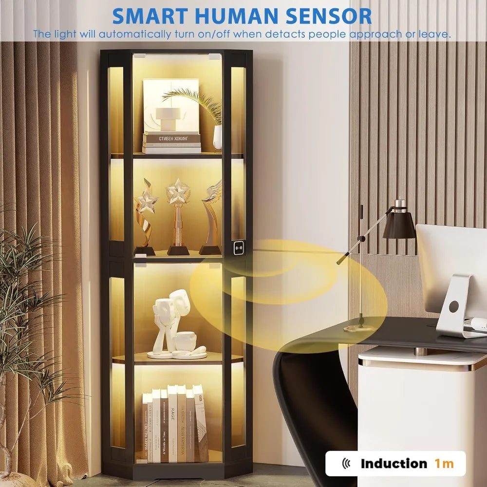 Corner Glass Display Cabinet With Led Lights And Motion Sensor