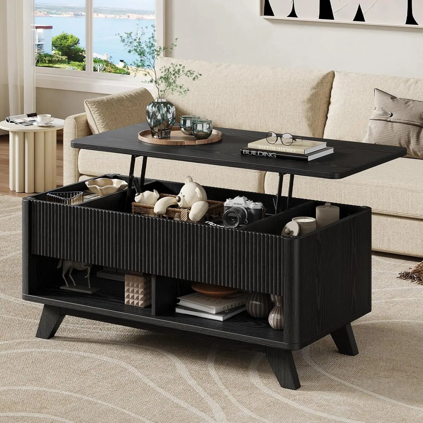 Farmhouse Lift Top Coffee Table with Hidden Storage & Fluted Rising Wood Center for Living Room & Office, Walnut, Customized