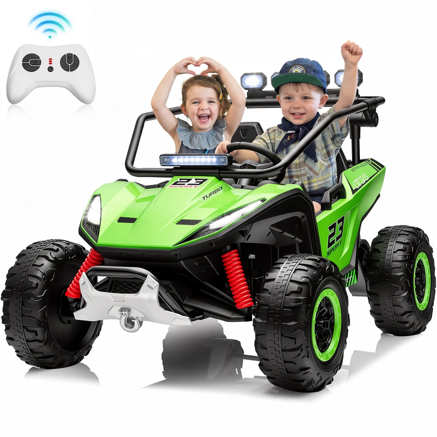 2 Seater 24V Kids Electric UTV Buggy 4WD Ride On Car with Remote Control Bluetooth LED Lights Slow Start Safety Harness Kids Off Road Electric Vehicle Toy Car Birthday Gift for Kids