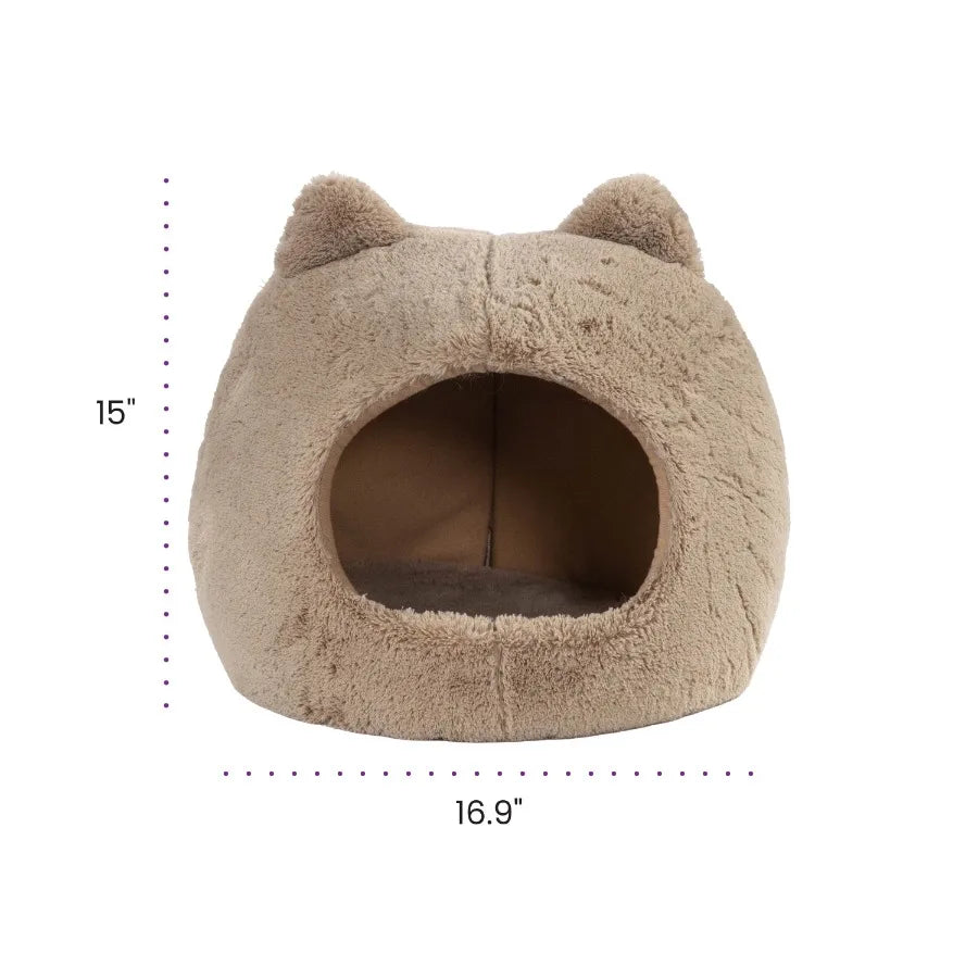 Meow Hut Covered Cat Bed Cave for Indoor Cats Cozy Enclosed with Removable Cushion 16 x 15 x 15 For Small Pets Up to 15 lbs Tan