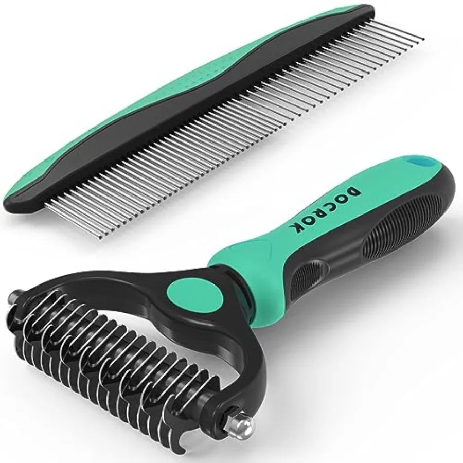 Pet Grooming Combo - Deshedding Brush with Metal Comb for Detangling and Dematting Long, Matted Fur on Cats and Dogs