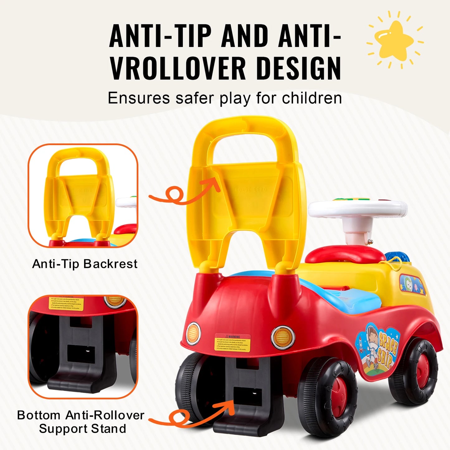 Toddler Push Ride On Car With Music Steering Wheel Storage