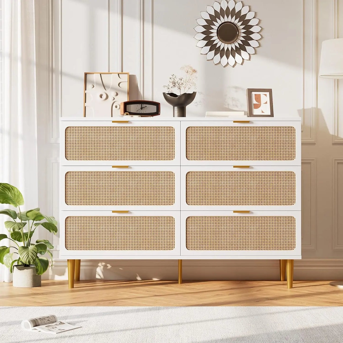 47.2in 6 Drawer Natural Rattan Dresser for Bedroom, Wooden Dresser with 15.6in Deep Storage & Wide Top, Large Modern Chest of Drawers for Living Room, Hallway and Kids Room Closet,