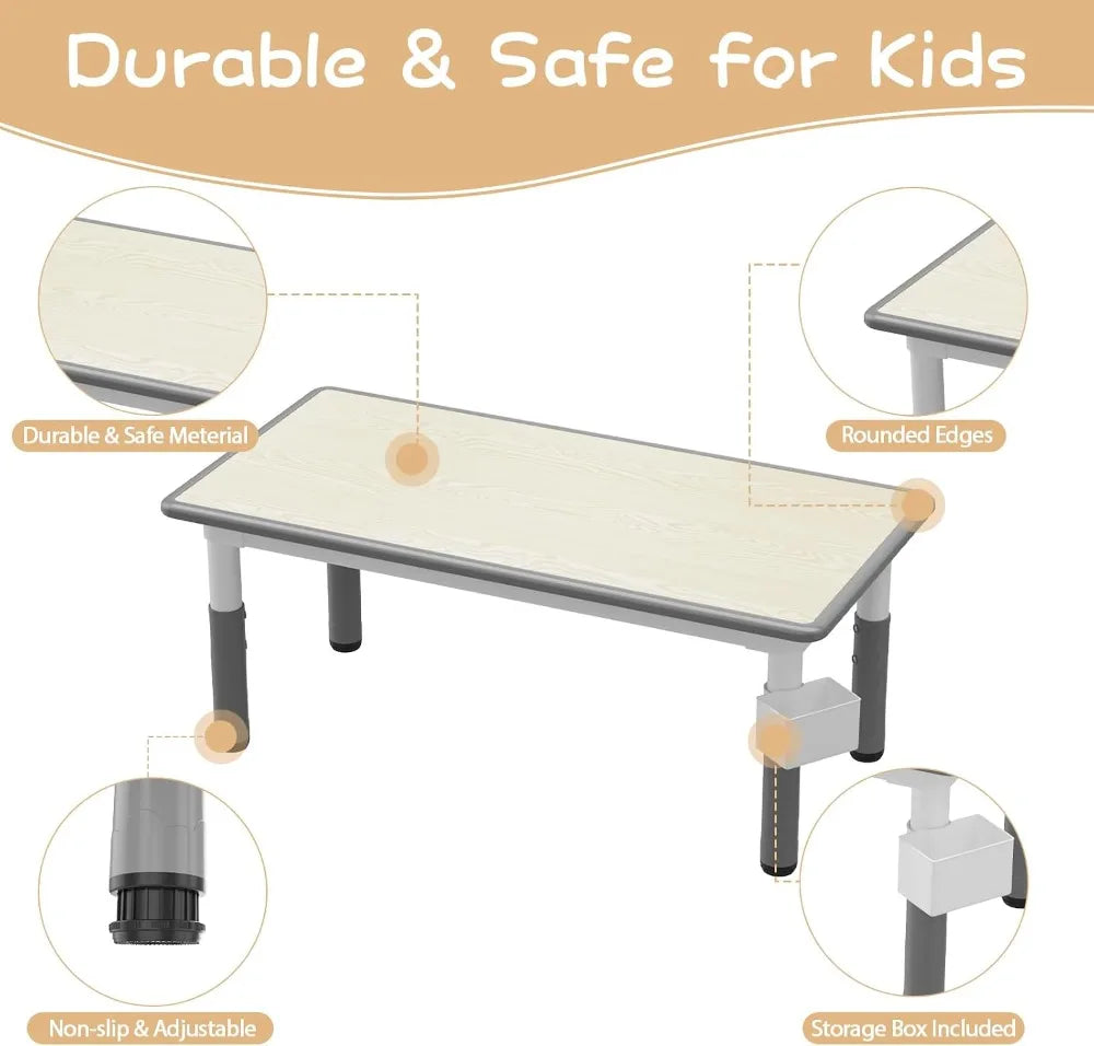 Kids Table 6 Chairs Set 47x24in Height Adjustable Activity Table Storage Boxes Wipe-Clean Gray