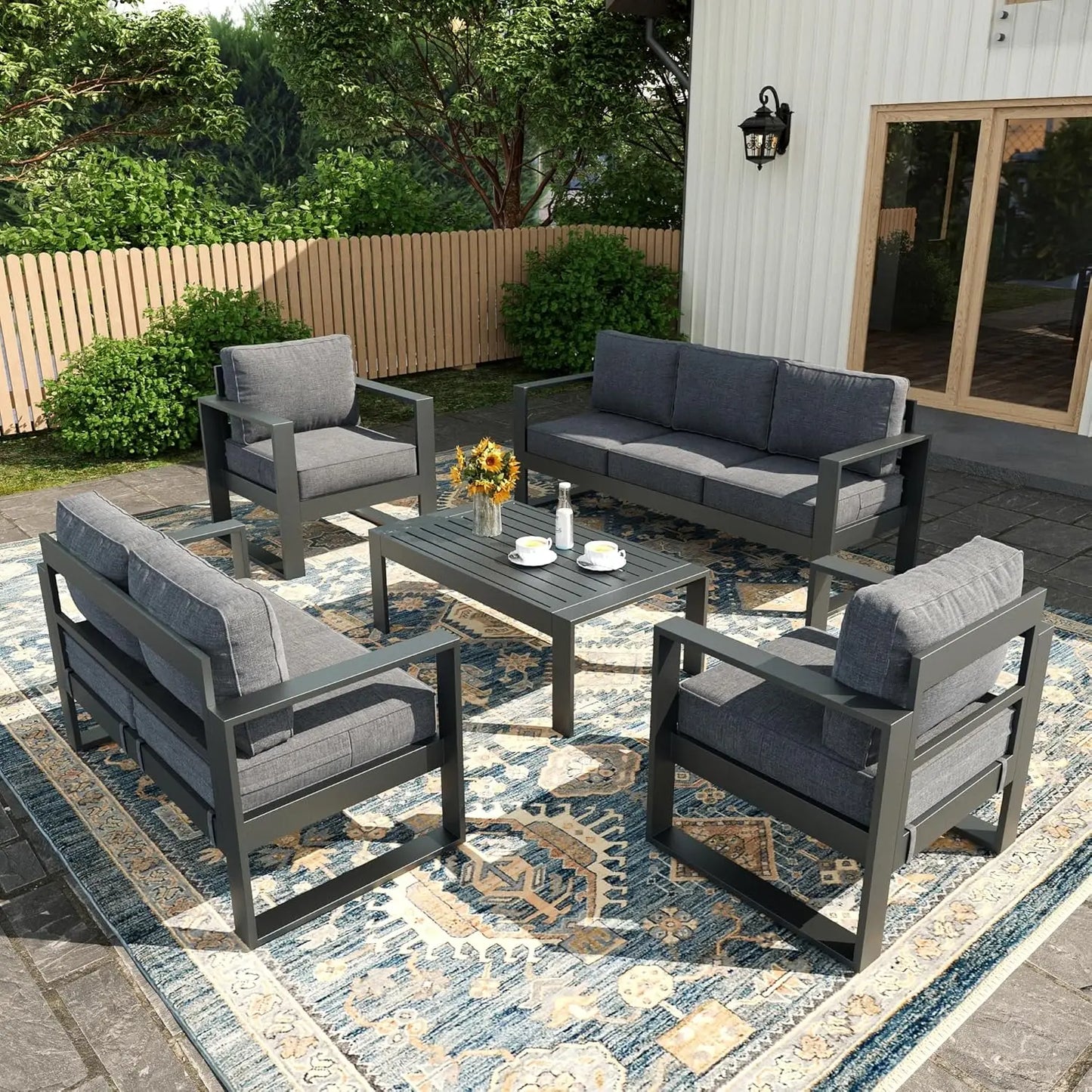 5 Piece Modern Aluminum Patio Furniture Set, Outdoor Patio Sectional Conversation Metal Seating Sets with Olefin, Custom