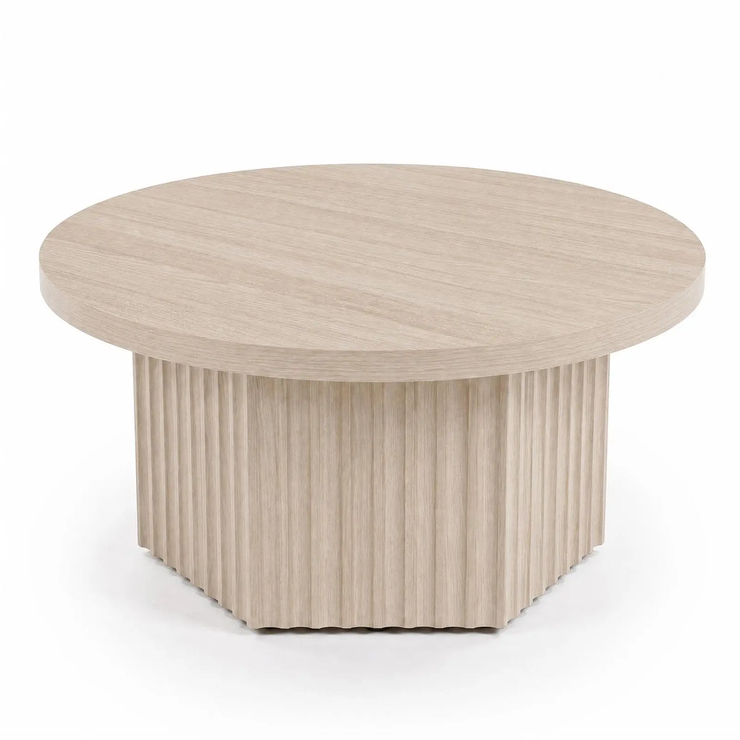 31.5 Inch Round Fluted Drum Coffee Table, Modern Wood Pedestal Table For Living Room, Apartment, Small Space, Farmhouse Boho