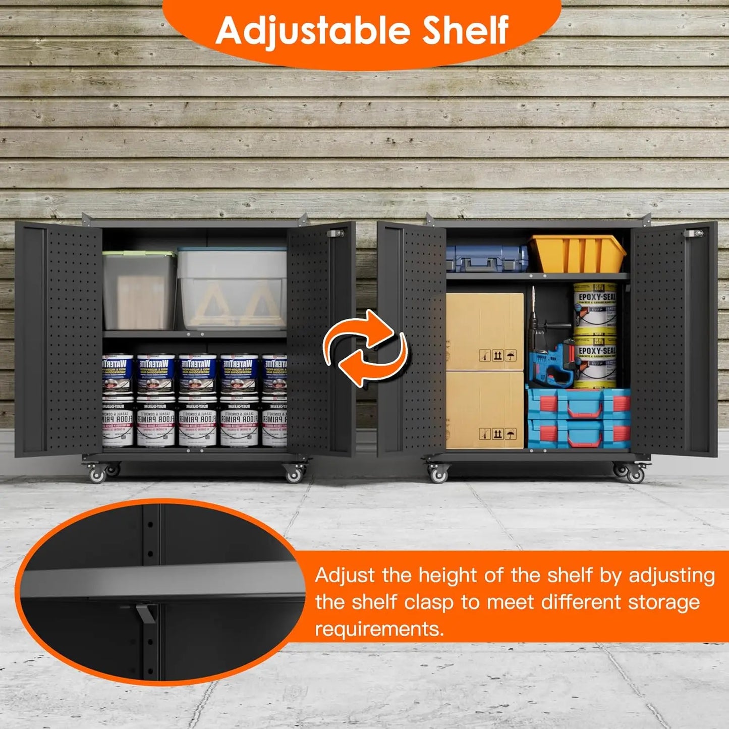 KAIKEEQLI Locking Garage Storage Cabinet On Wheels With Pegboard