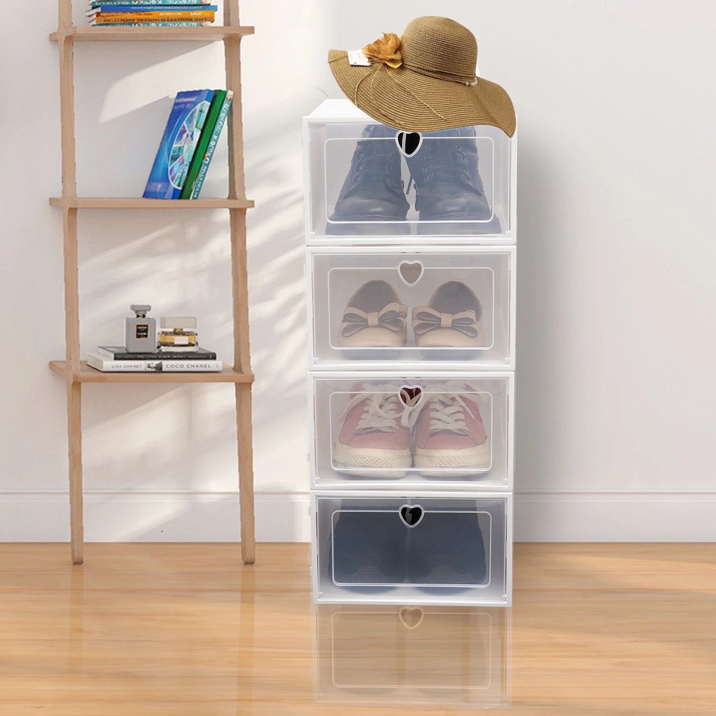 Pack of 20 Shoe Boxes Stackable Foldable Transparent Plastic Container Shoe Box with Lid White Shoe Organizer with Drawer