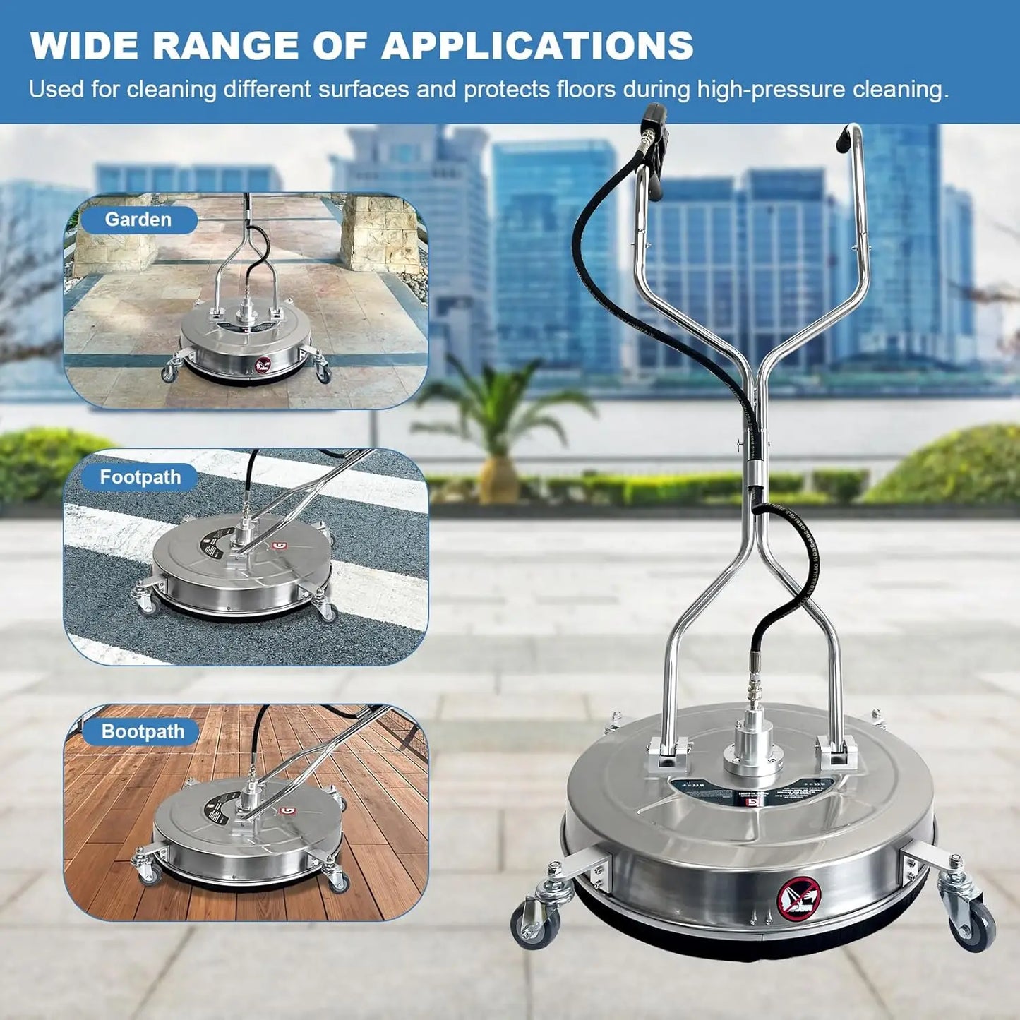 24" Pressure Washer Surface Cleaner with Dual Handles Stainless Steel 4-Wheel Design for Driveways Sidewalks Curbs Decks & Patio