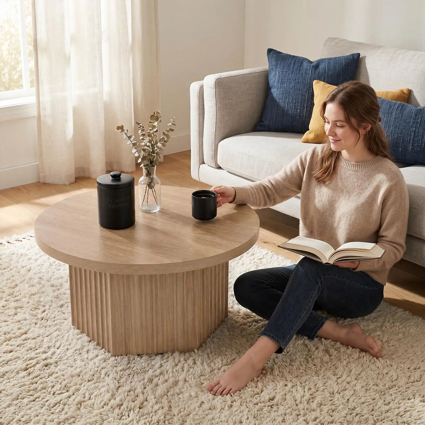 31.5 Inch Round Fluted Drum Coffee Table, Modern Wood Pedestal Table For Living Room, Apartment, Small Space, Farmhouse Boho