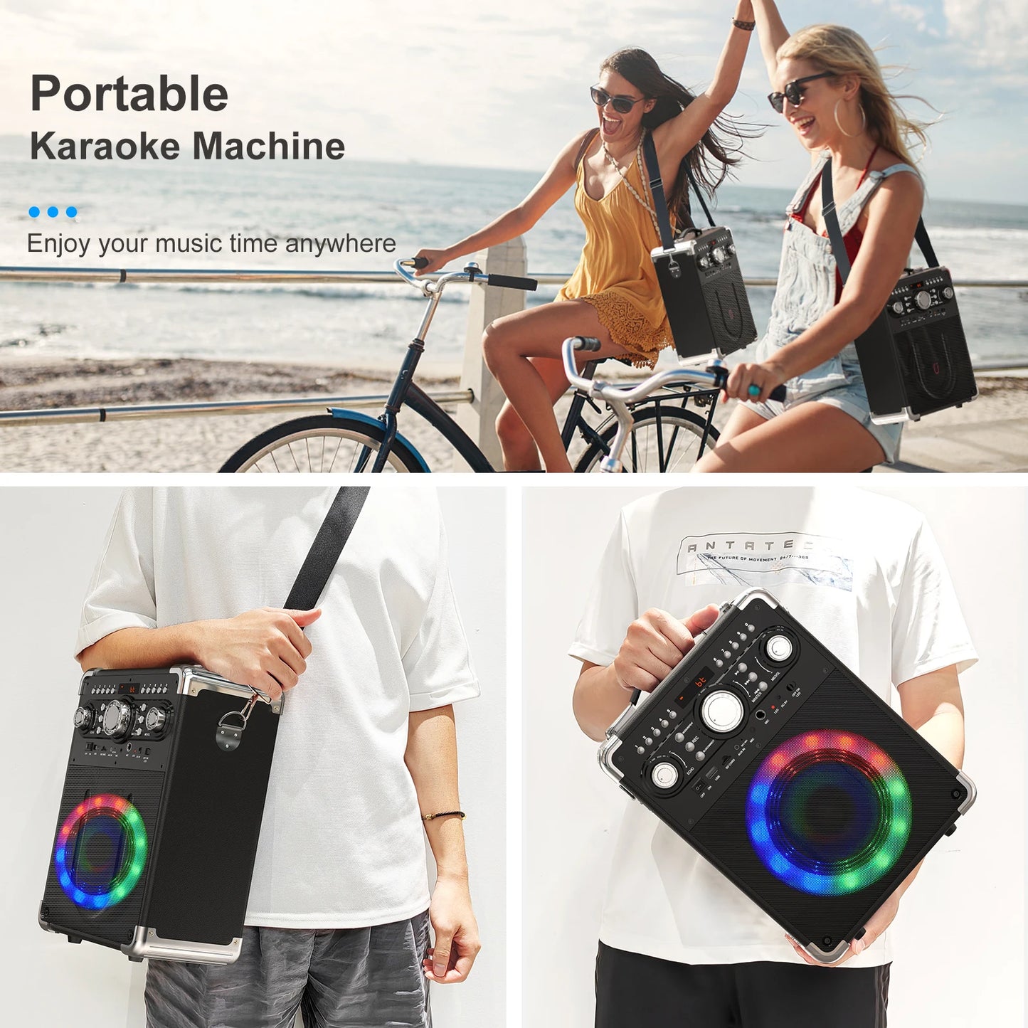 FanFun Karaoke Machine with 3 Mics&DJ Disco Ball Light, Portable Bluetooth Karaoke Speaker with LED Lights for Kids and Adults