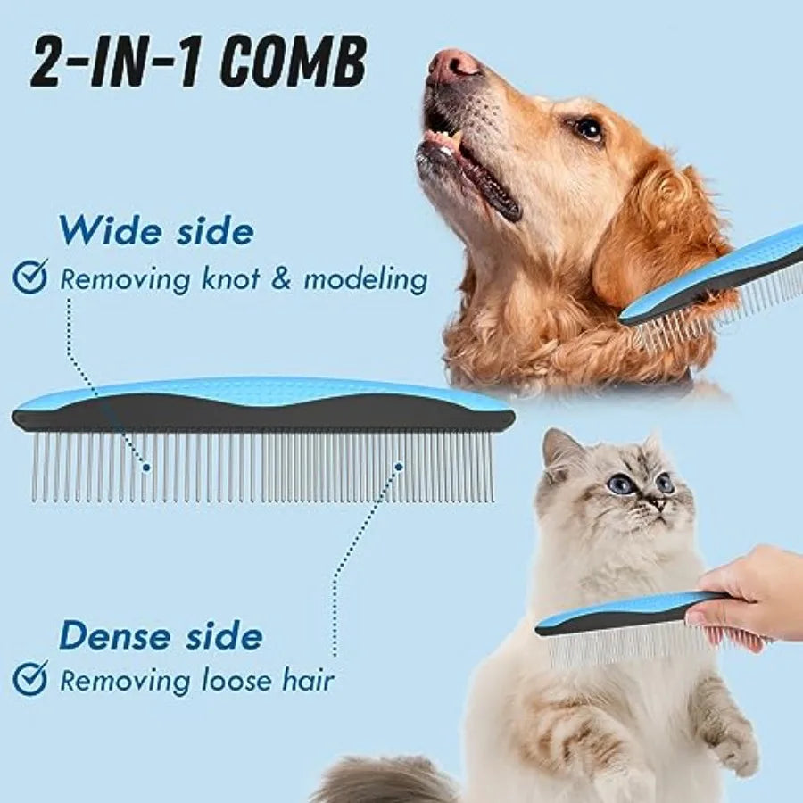 Pet Grooming Combo - Deshedding Brush with Metal Comb for Detangling and Dematting Long, Matted Fur on Cats and Dogs