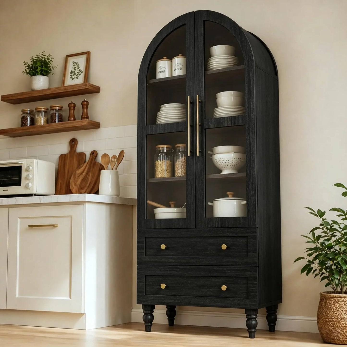 Solid Wood Pantry Cabinet With Glass Doors Tall Kitchen Storage