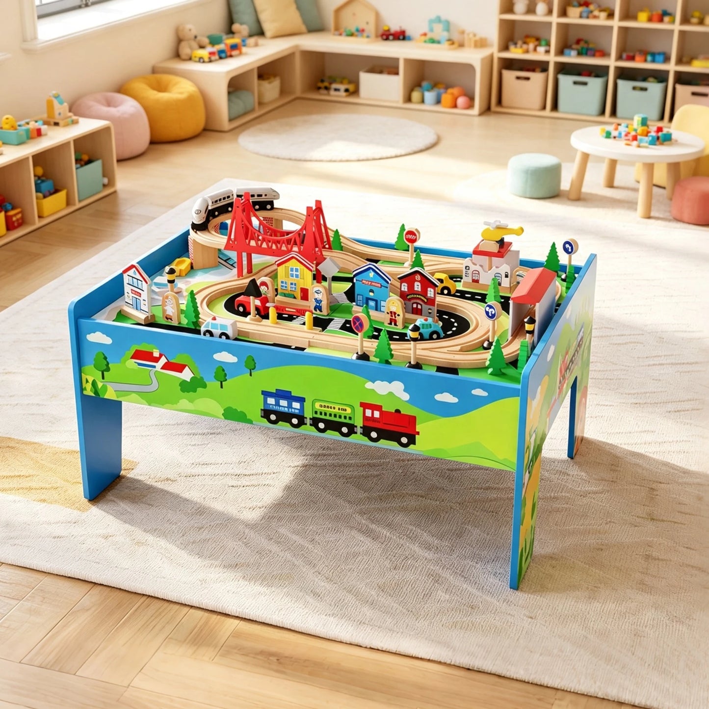 78PCS 4-in-1 Wooden Train Table Set For Kids, Reversible Activity Desk Art Easel Building Block Table With Tracks & Storage Bin