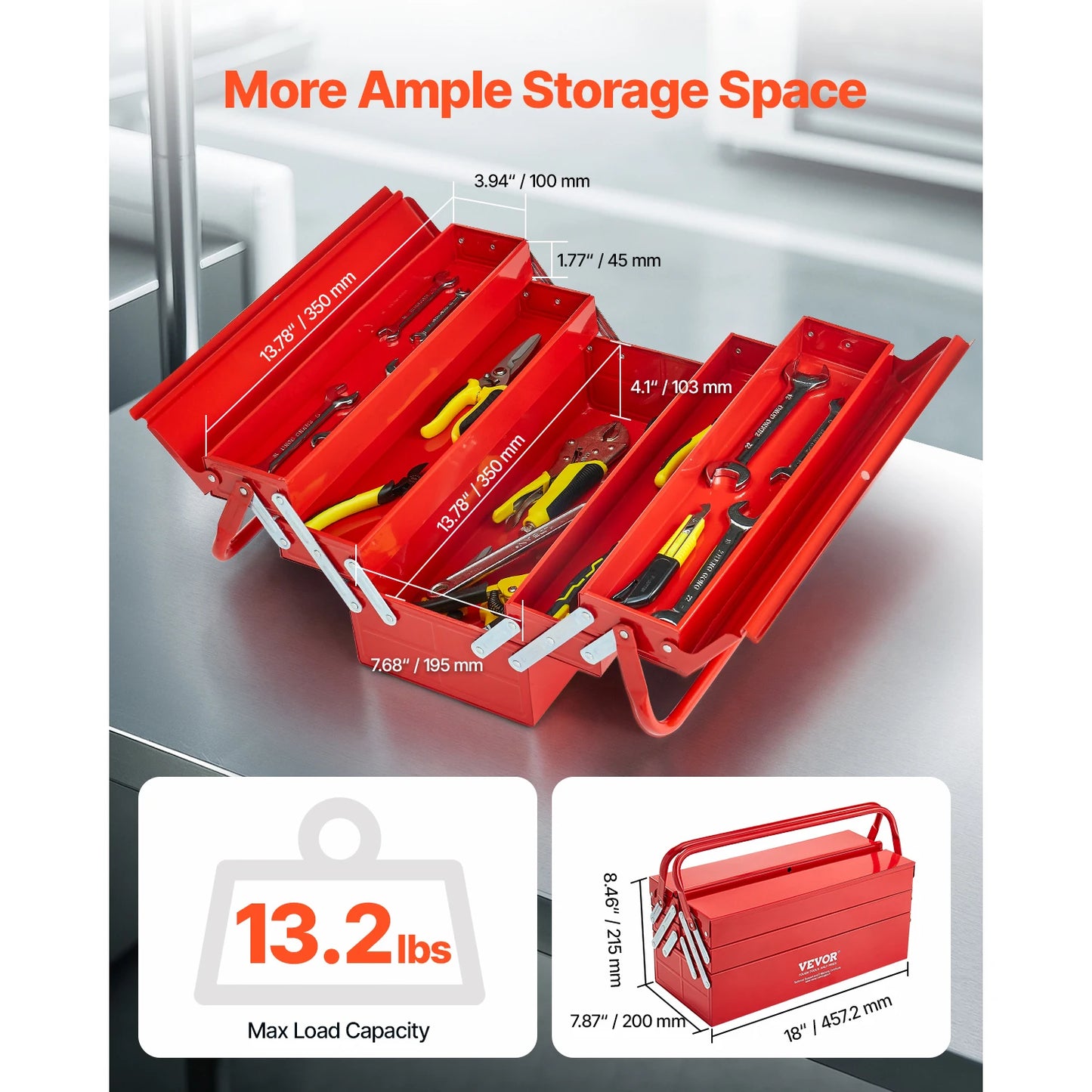 SucceBuy 18in Metal Tool Box 3-Tier 5-Tray Portable Folding Tool Chest Organizer with Handle Toolbox for Warehouse Repair Shop