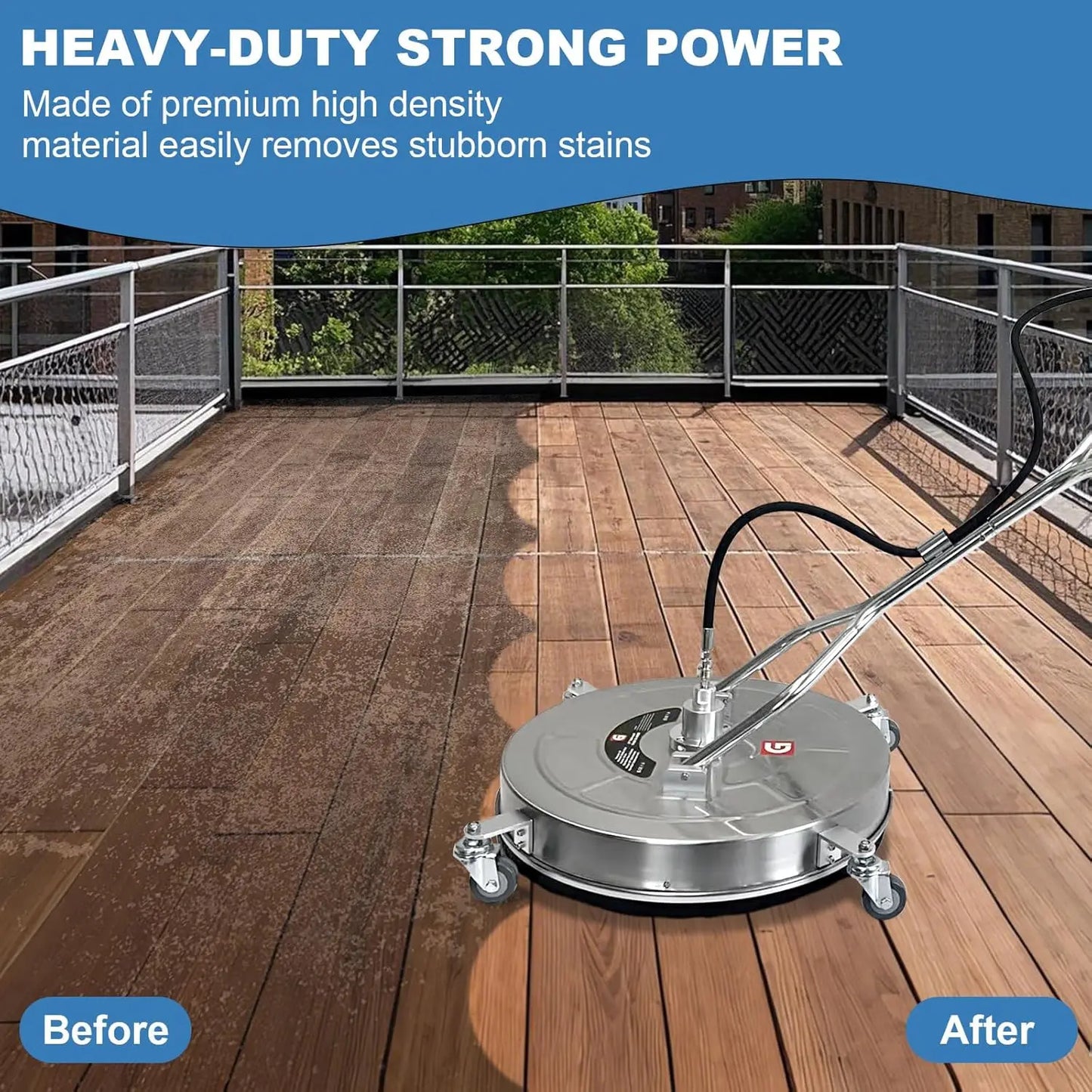 24" Pressure Washer Surface Cleaner with Dual Handles Stainless Steel 4-Wheel Design for Driveways Sidewalks Curbs Decks & Patio