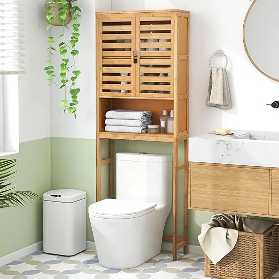 freestanding tall natural bamboo over-the-toilet storage cabinet with 2 doors and open shelf