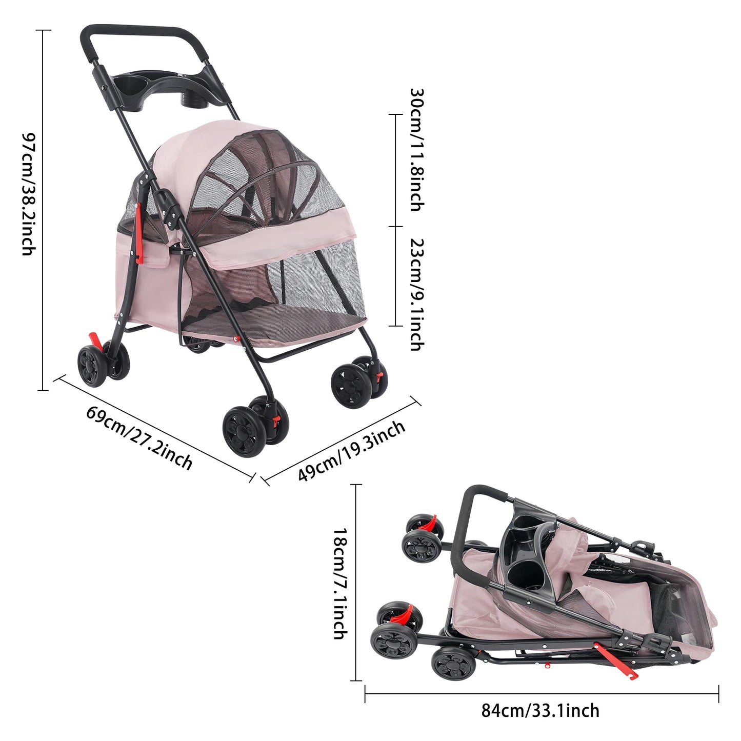 Pale Pinkish Grey Foldable Pet Cart—Carbon Steel/Oxford Cloth 40lbs Load+360°Front Wheels 23.62x13.39x20.87in Basket Rear Brakes