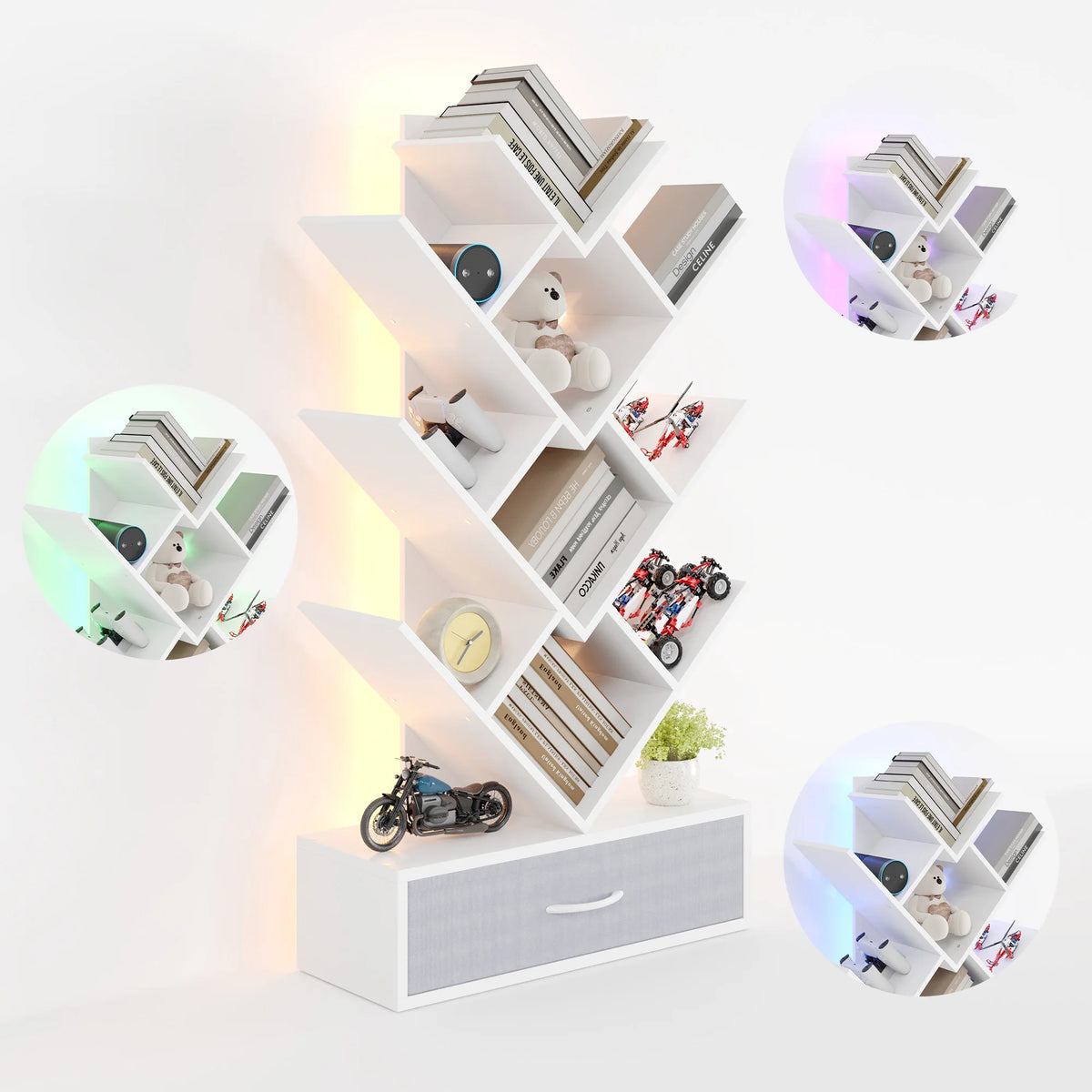 HiMISS Tree Bookshelf With LED Lights And Fabric Drawer Storage