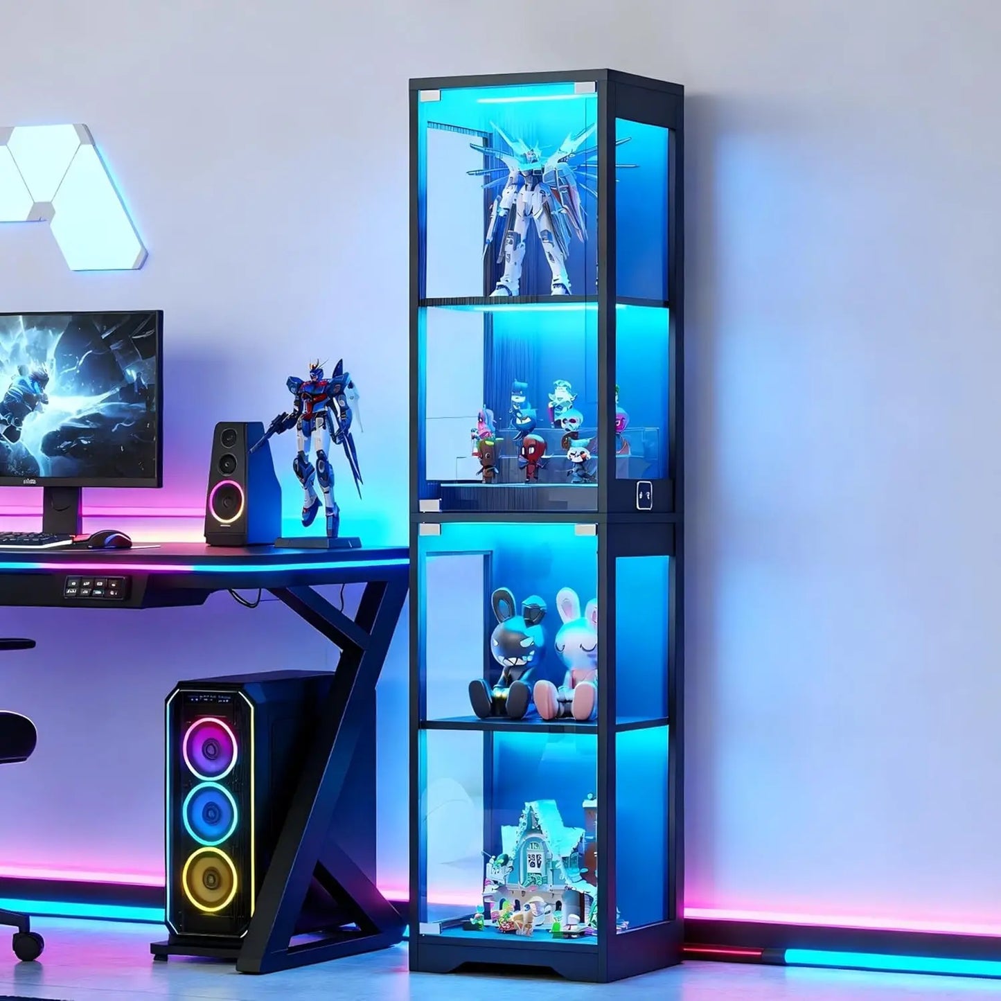 Display Cabinet with Glass Doors, Curio Cabinet with 3 LED Lights and Human Body Sensor, Bookcase with 4 Shelves, Customized