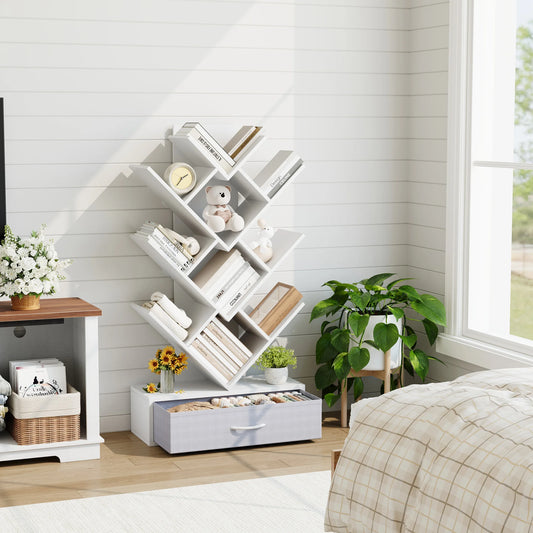 HiMISS Tree Bookshelf With LED Lights And Fabric Drawer Storage