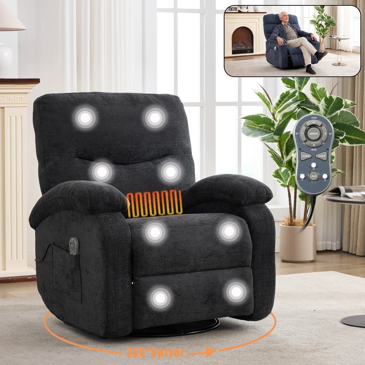 Power Lift Recliner Chair Massage Chair 360 Swivel Rocker Chair for Adults, 8 Vibrating Nodes
