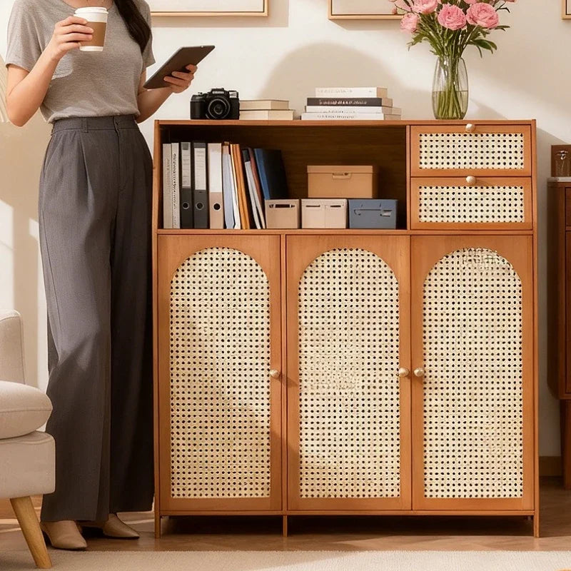 Bamboo Floor To Ceiling Bookshelf Storage Cabinet With Door