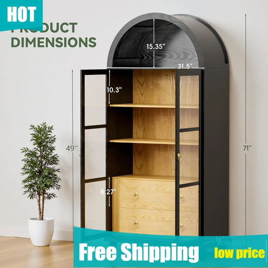 Modern Arched Storage Cabinet With Glass Doors And Drawers