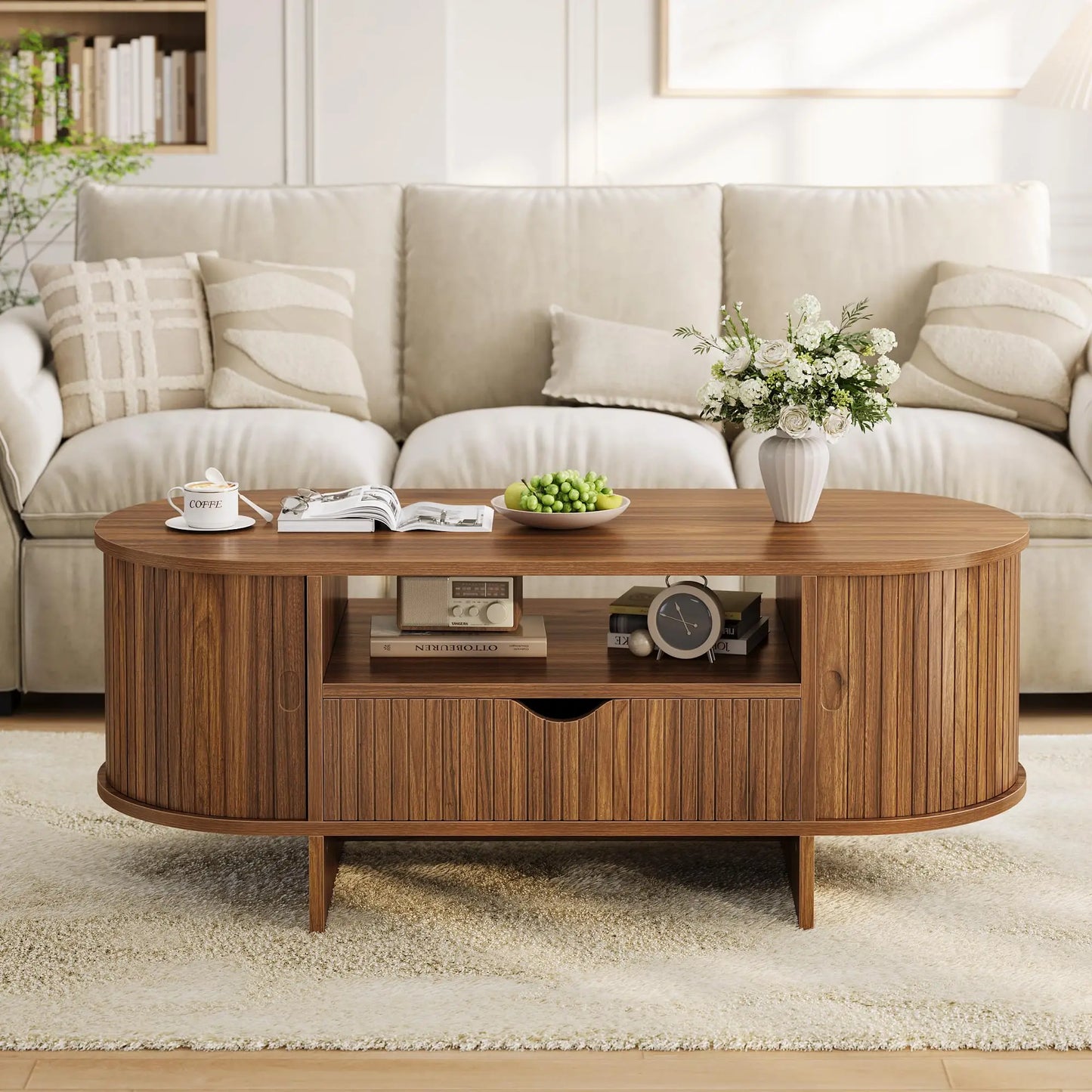 47.2in Oval Coffee Table With Storage, Modern Fluted Wood Center Table With Drawer & Sliding Door Cabinets For Living Room, Small Space