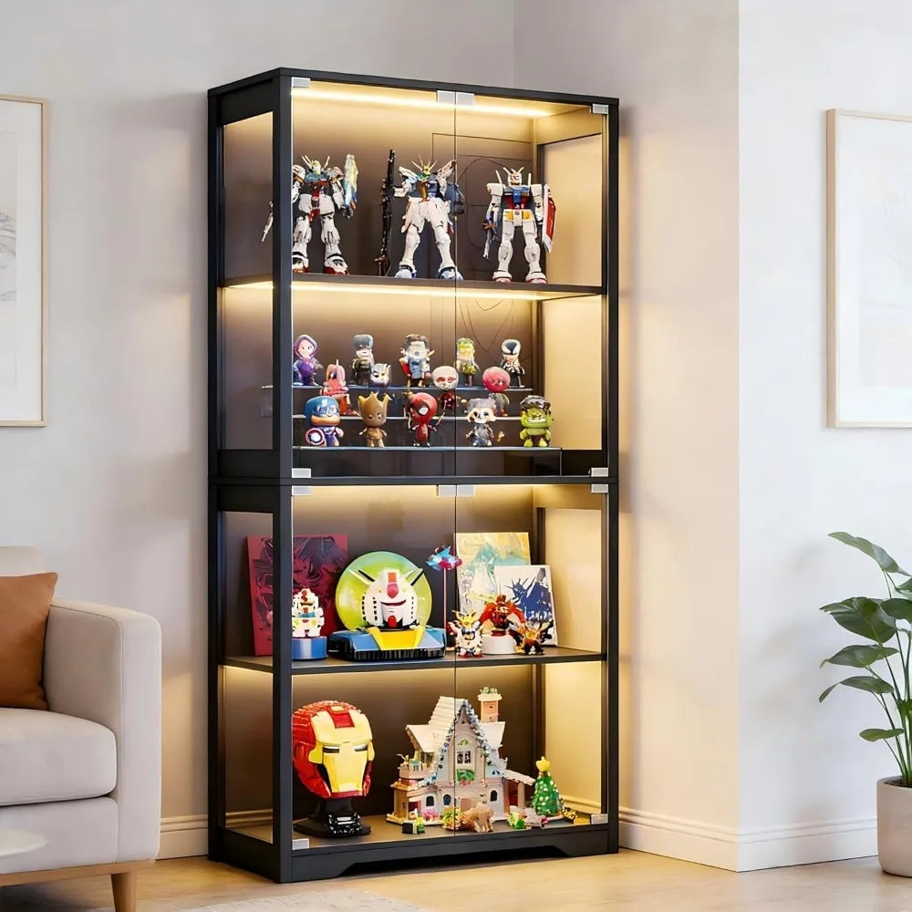 Display Cabinet with Glass Doors, Curio Cabinet with 3 LED Lights and Human Body Sensor, Bookcase with 4 Shelves, Customized
