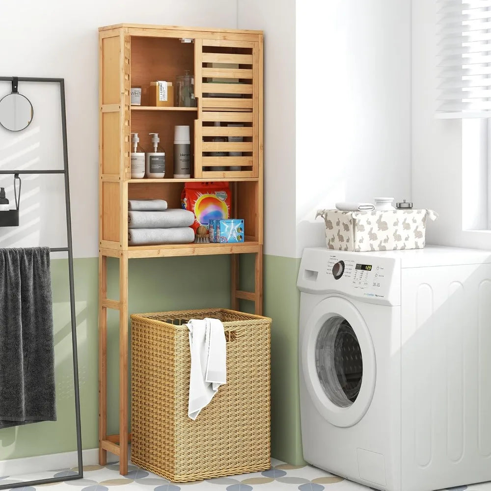 freestanding tall natural bamboo over-the-toilet storage cabinet with 2 doors and open shelf
