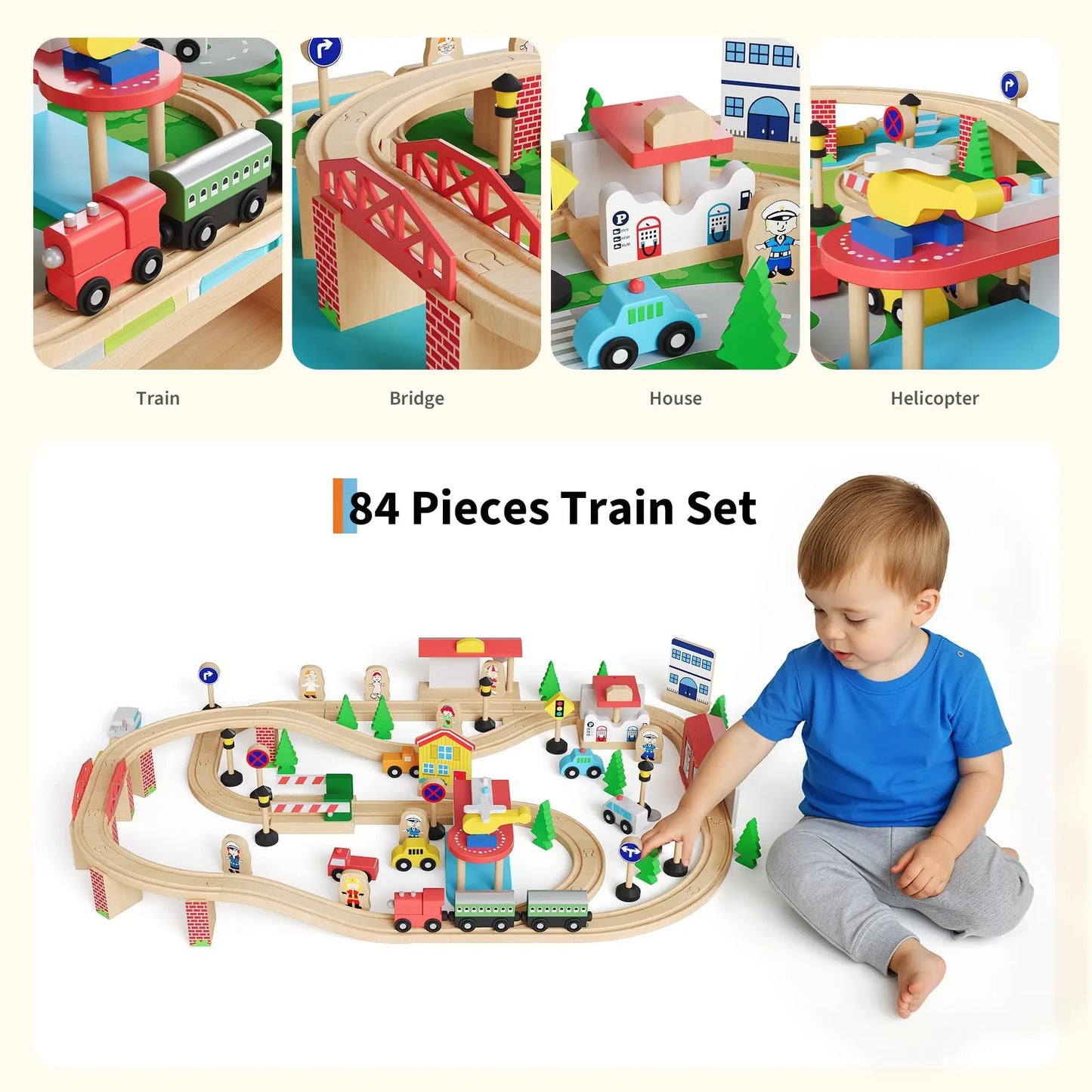 84PCS Wooden Train Table Set For Toddlers 3+, Kids Activity Play Table With Tracks, Trains, Bridges, City Accessories & Storage Drawer