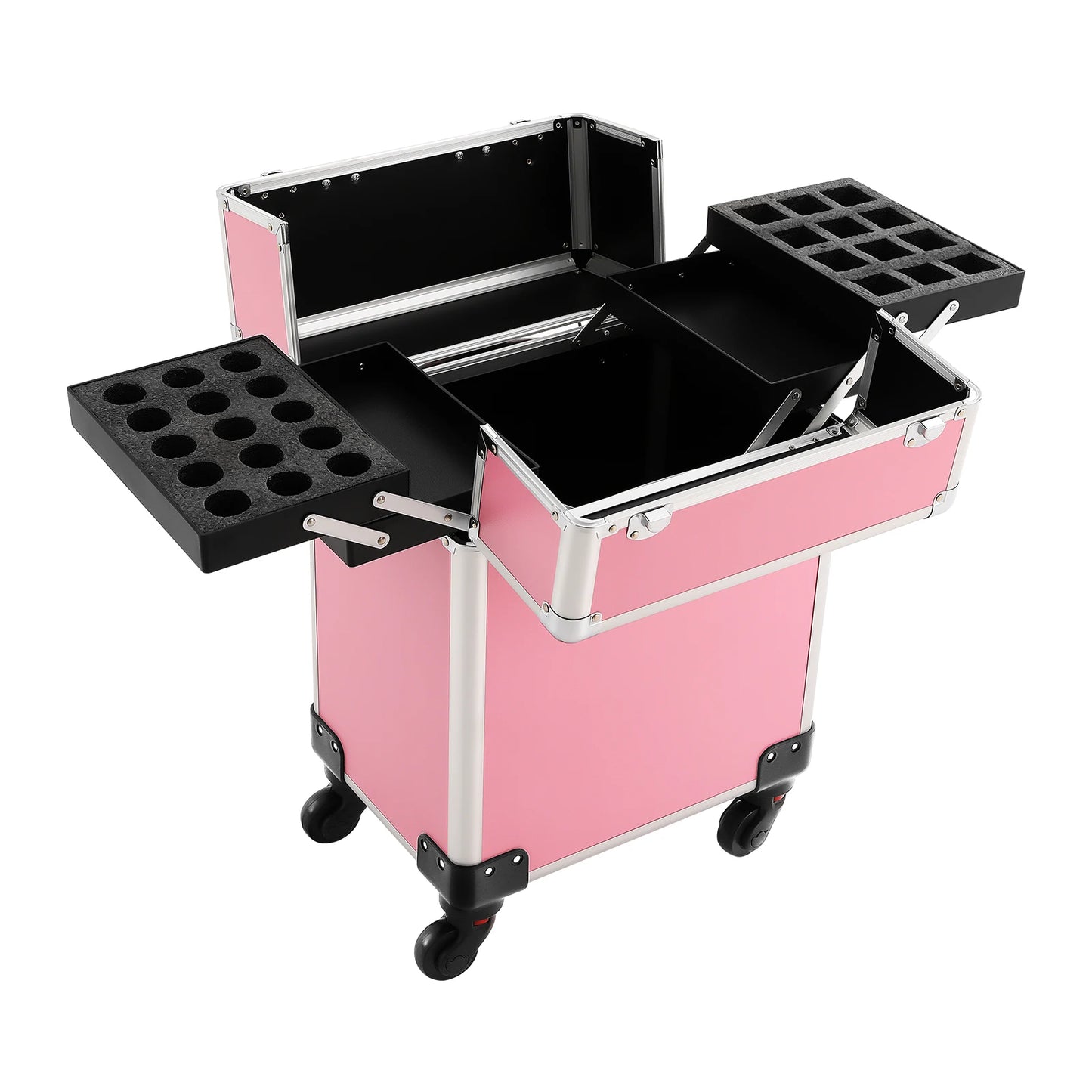 NEWEST Cosmetic Case Trolley with Locks, Professional Rolling Makeup Train Case with Drawers, Large Cosmetic Trolley Cosmetics Storage Organizer for Travel Makeup / Nail Art / Hair Styling, (Pink)