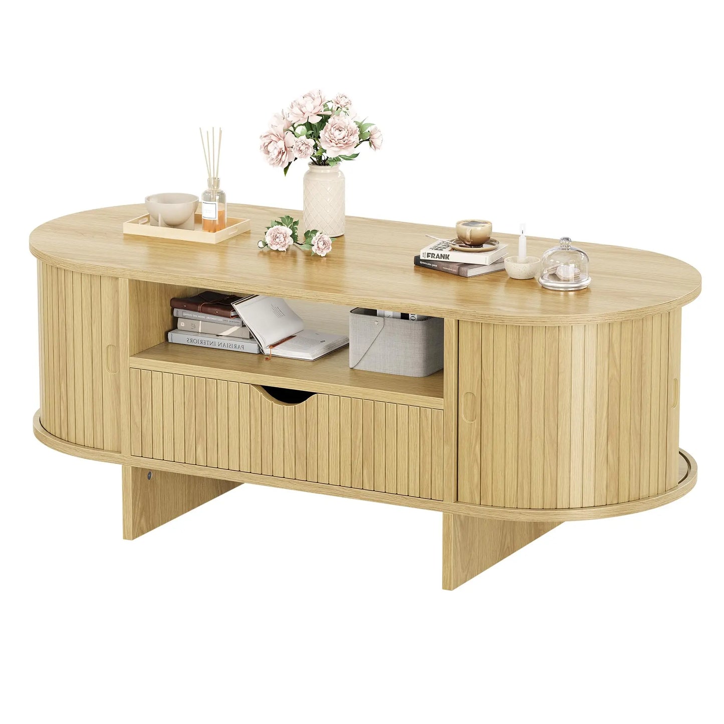47.2in Oval Coffee Table With Storage, Modern Fluted Wood Center Table With Drawer & Sliding Door Cabinets For Living Room, Small Space