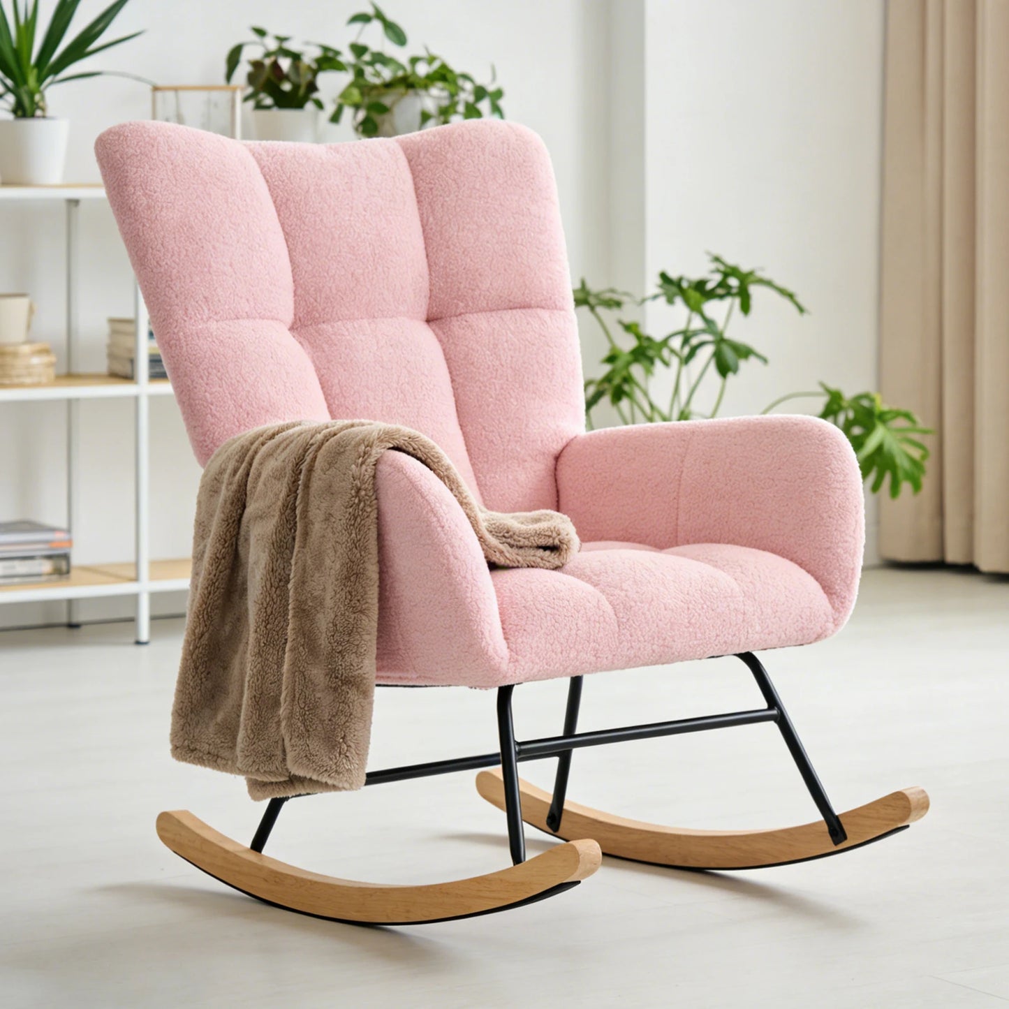 JHK Teddy Upholstered Saucer Rocking Reading Chair With High Backrest
