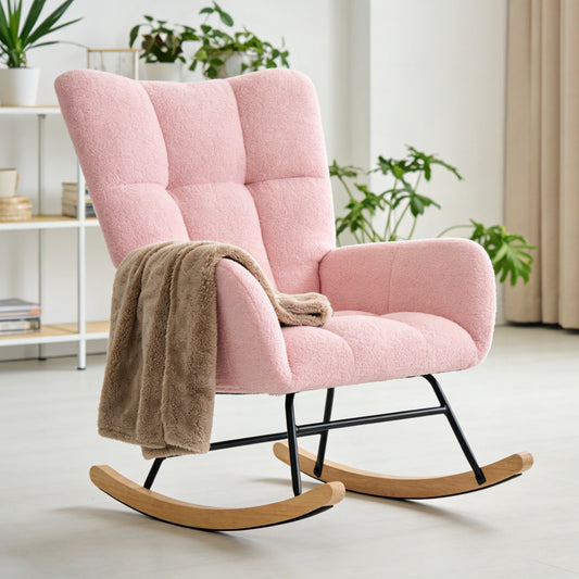 JHK Teddy Upholstered Saucer Rocking Reading Chair With High Backrest