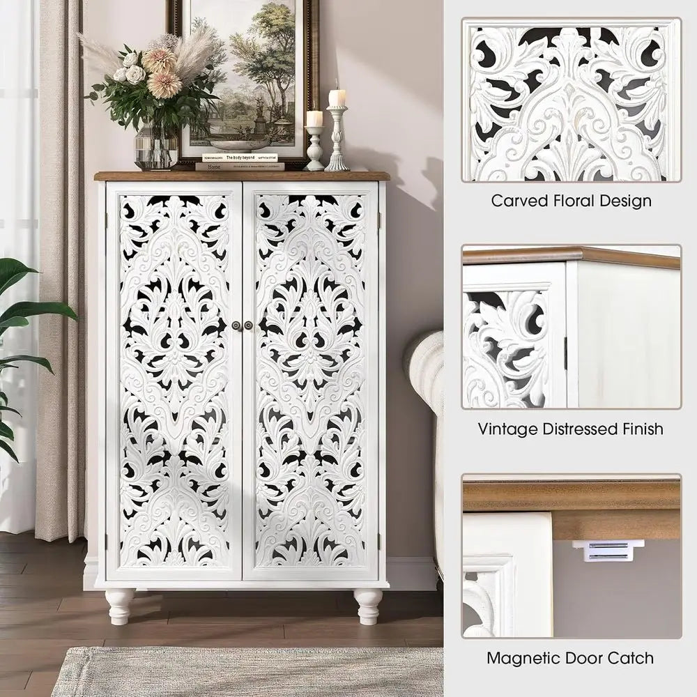 Wooden Carved Accent Storage Cabinet For Boho Living Room Decor