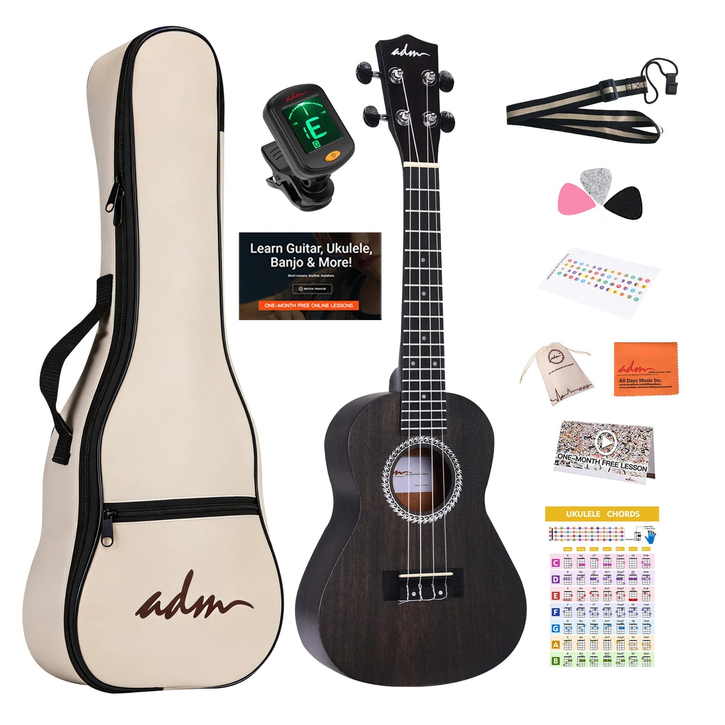 ADM 23 inch Concert Ukulele Starter Kit Mahogany Body Free Online Lessons Complete Bundle for Beginners & Pros