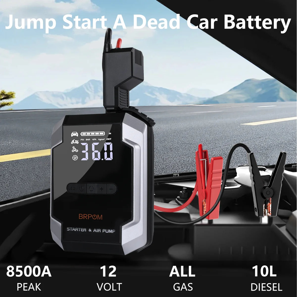 BRPOM 8500A Jump Starter 26800mAh With Air Compressor