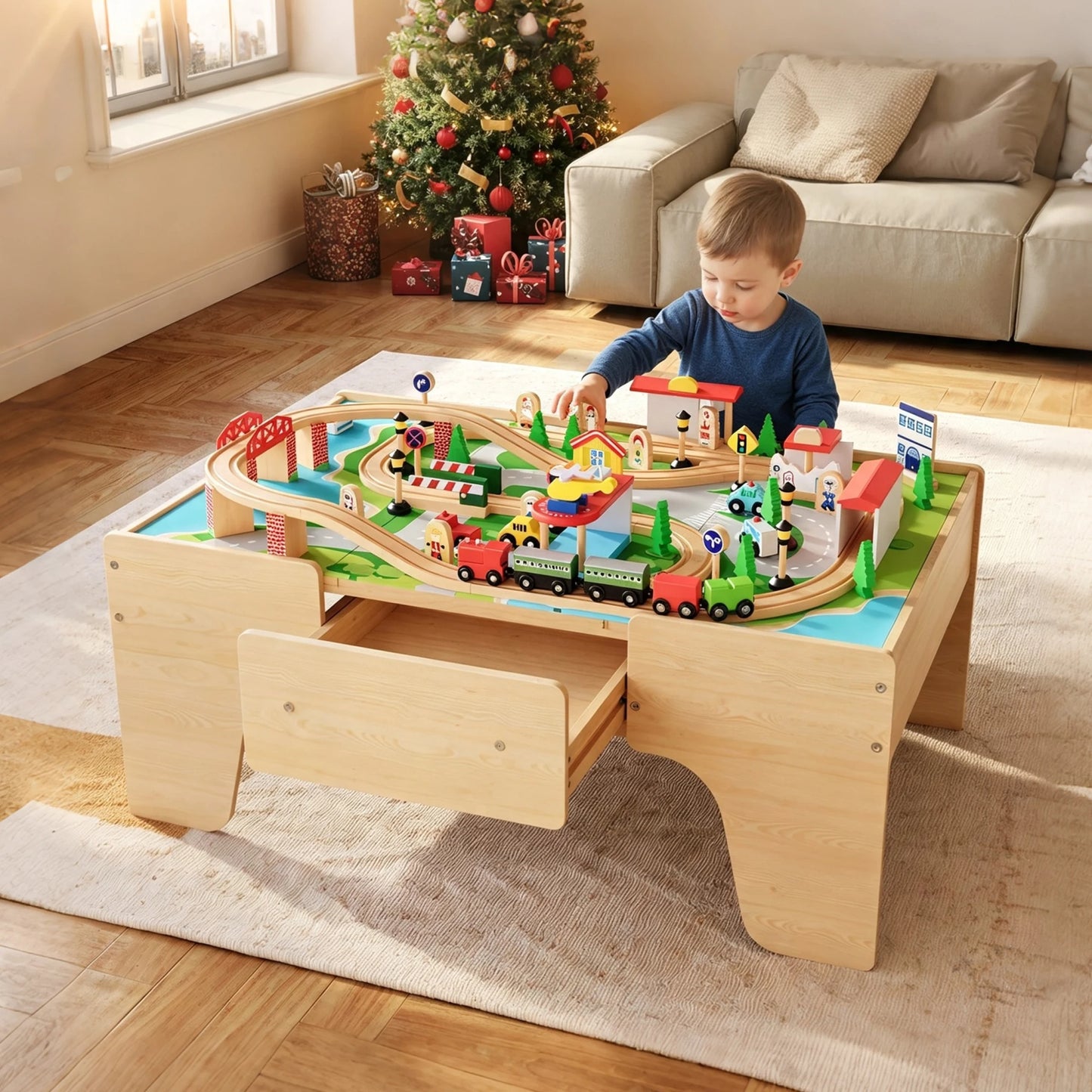 84PCS Wooden Train Table Set For Toddlers 3+, Kids Activity Play Table With Tracks, Trains, Bridges, City Accessories & Storage Drawer