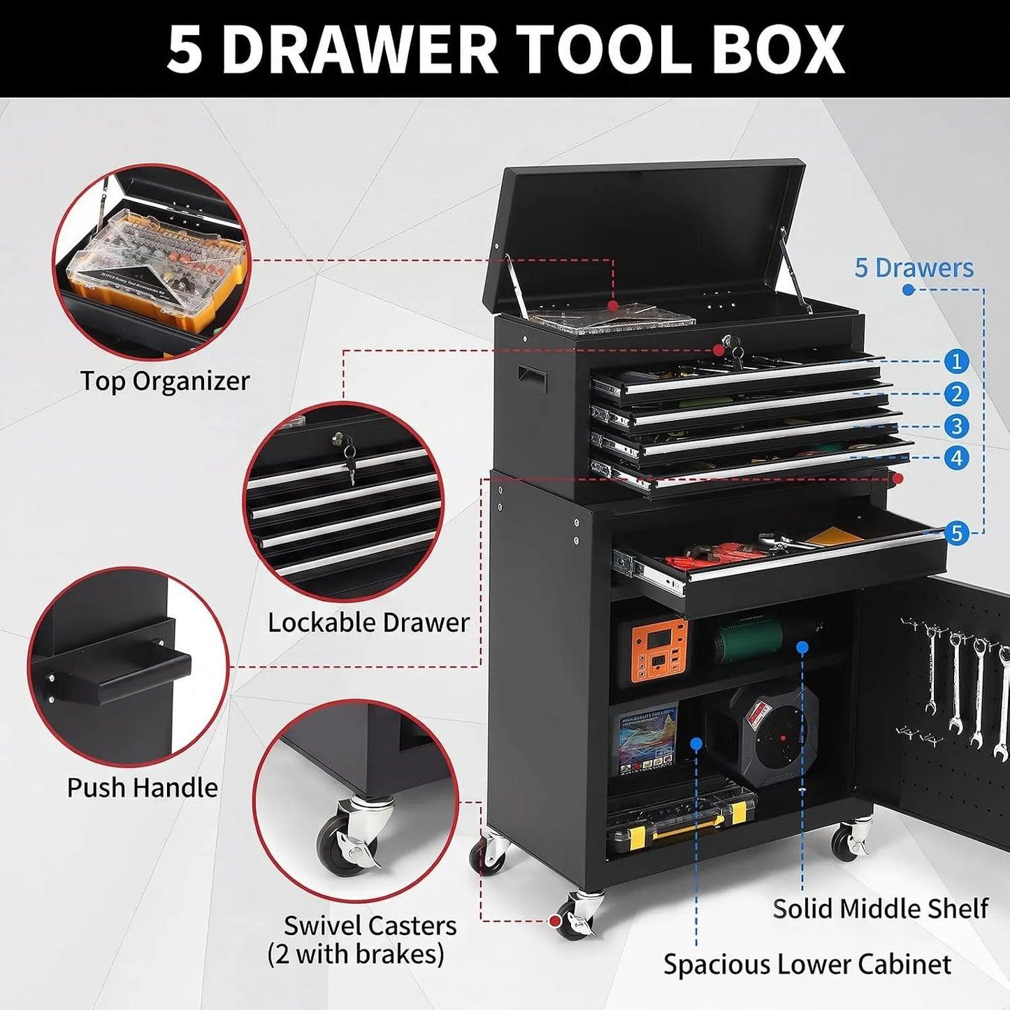 5 Drawer Rolling Tool Cabinet with Lockable Detachable Tool Box, Mobile Steel Tool Storage Organizer with Swivel Wheels, Garage Workshop Mechanic Storage Cart