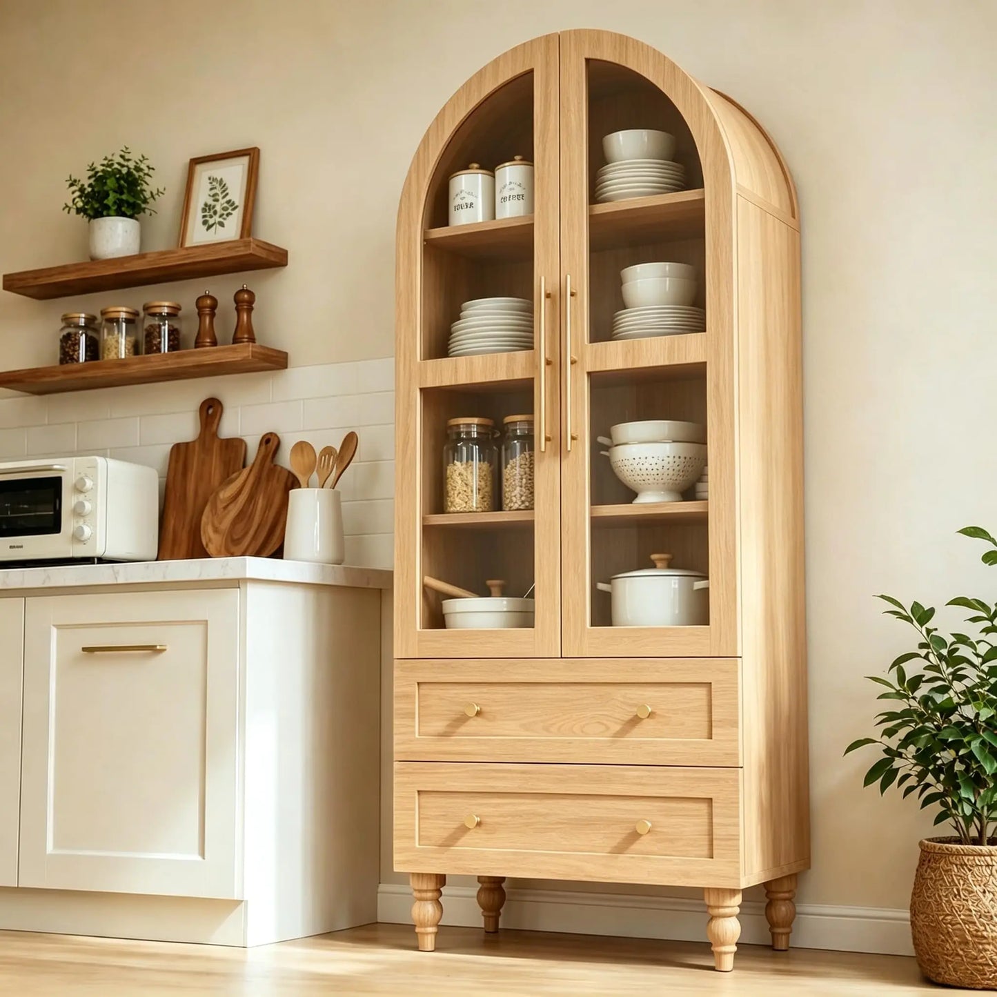 Solid Wood Pantry Cabinet With Glass Doors Tall Kitchen Storage