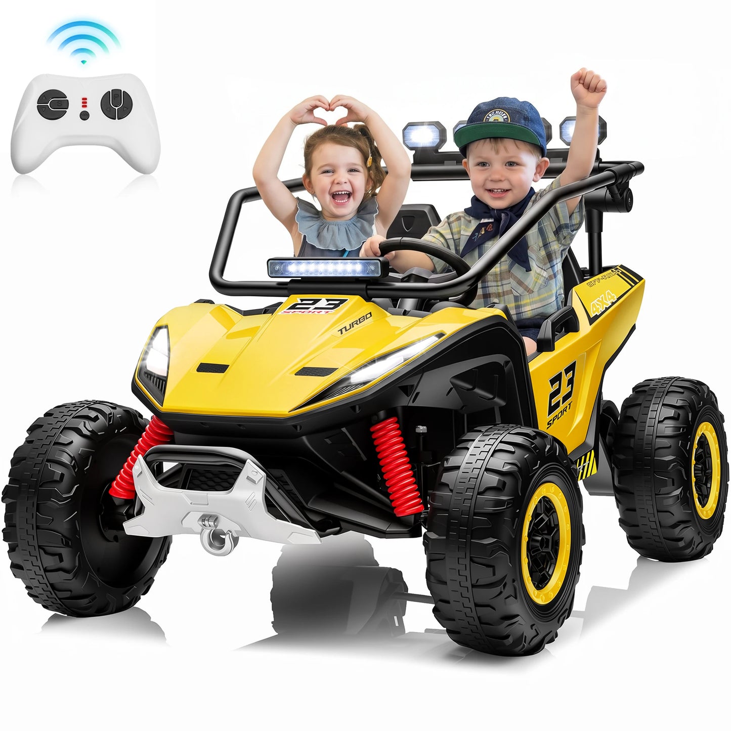 2 Seater 24V Kids Electric UTV Buggy 4WD Ride On Car with Remote Control Bluetooth LED Lights Slow Start Safety Harness Kids Off Road Electric Vehicle Toy Car Birthday Gift for Kids