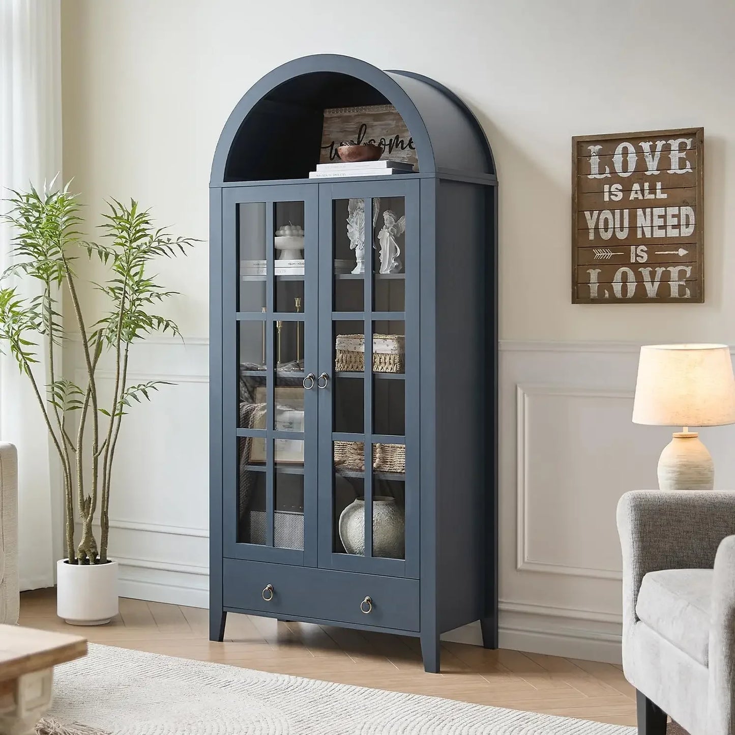 Farmhouse Arched Wood Cabinet With Glass Doors And Drawer